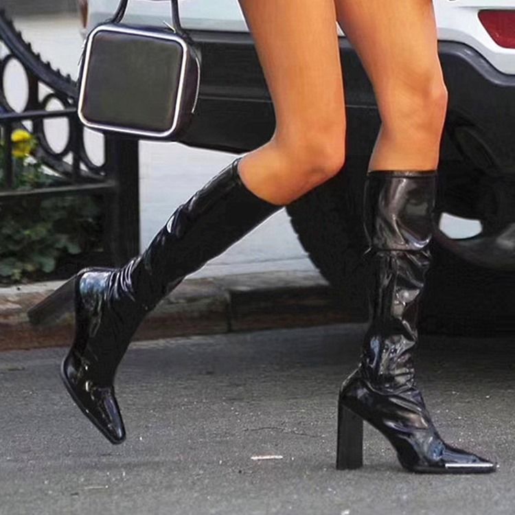 Plain Square Toe Chunky Heel Zipper Stövlar Boots