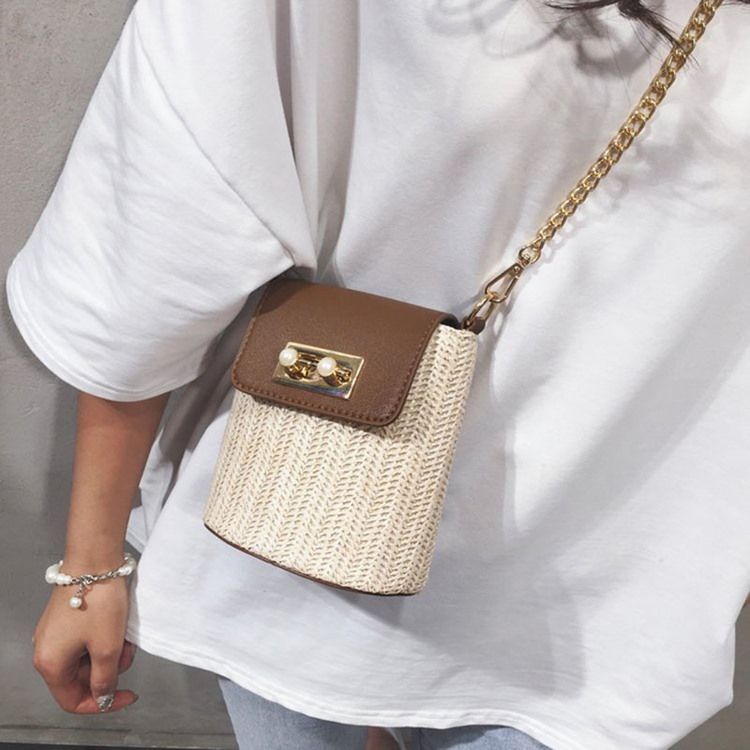 Patchwork Chain Grass Rectangle Crossbody Bags