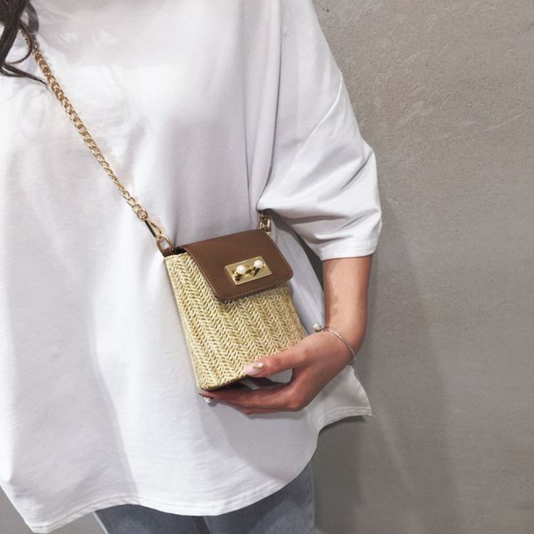 Patchwork Chain Grass Rectangle Crossbody Bags