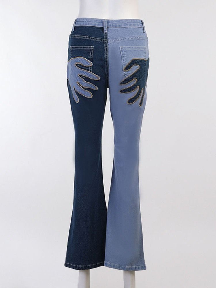 Color Block Bellbottoms Patchwork Slimma Jeans Med Hög Midja