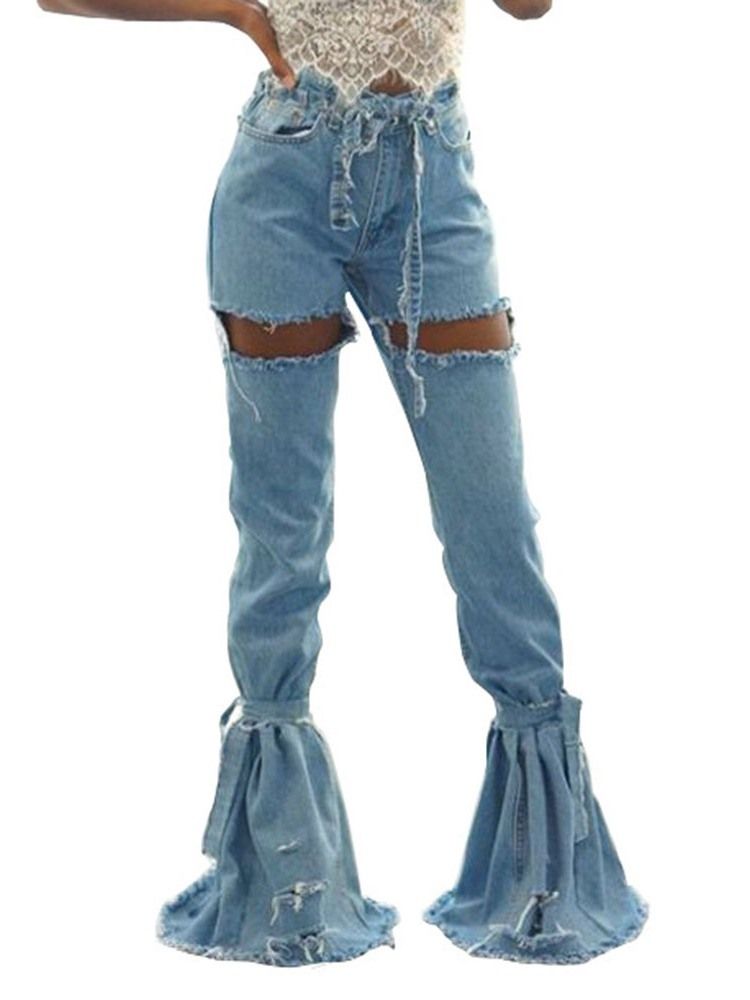 Hål Enfärgade Bellbottoms Slimma Jeans Med Hög Midja