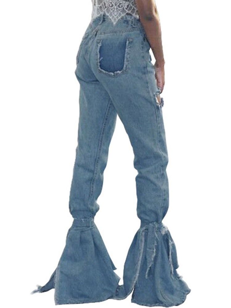 Hål Enfärgade Bellbottoms Slimma Jeans Med Hög Midja