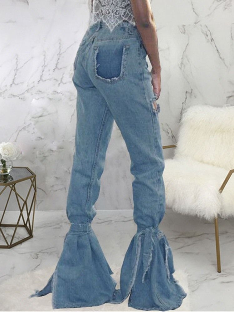 Hål Enfärgade Bellbottoms Slimma Jeans Med Hög Midja