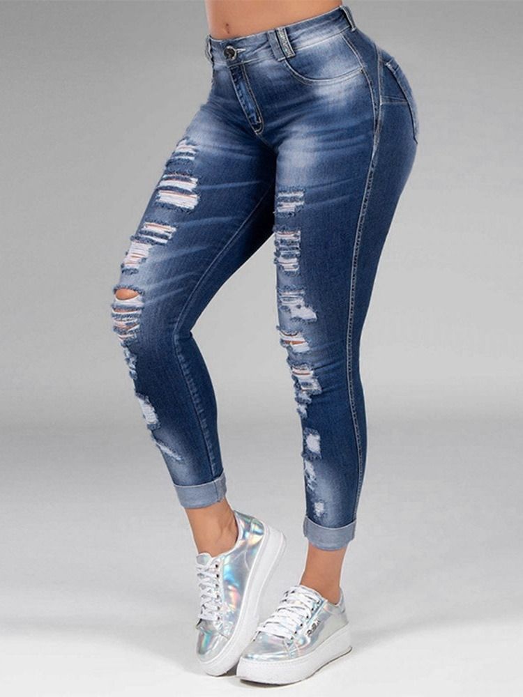 Hål Rak Vanlig Dragkedja Mid Waist Dam Jeans