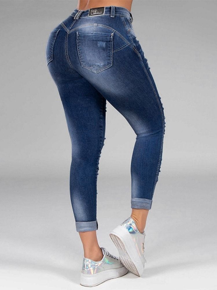 Hål Rak Vanlig Dragkedja Mid Waist Dam Jeans