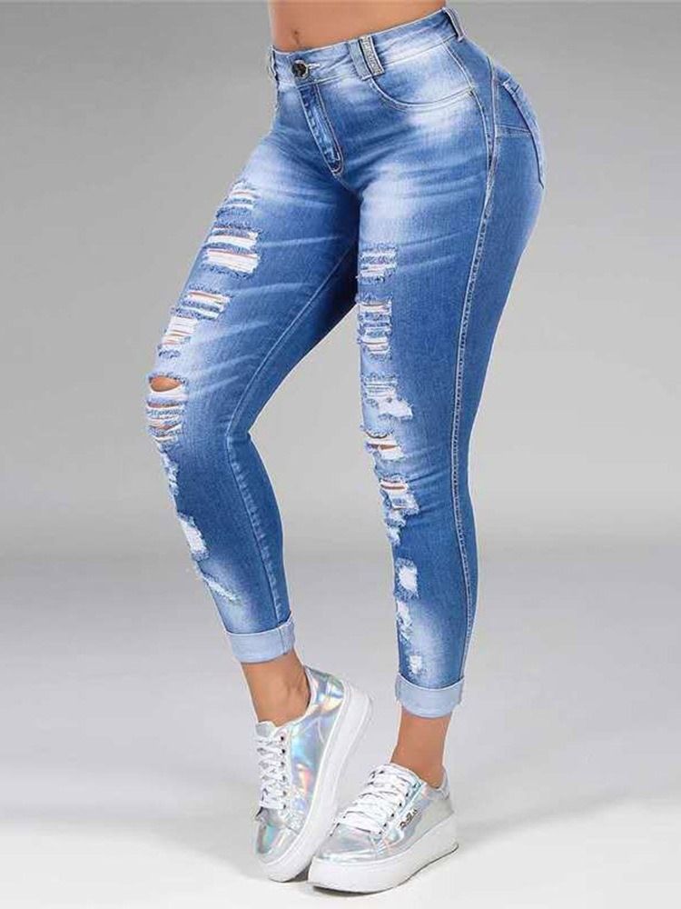 Hål Rak Vanlig Dragkedja Mid Waist Dam Jeans