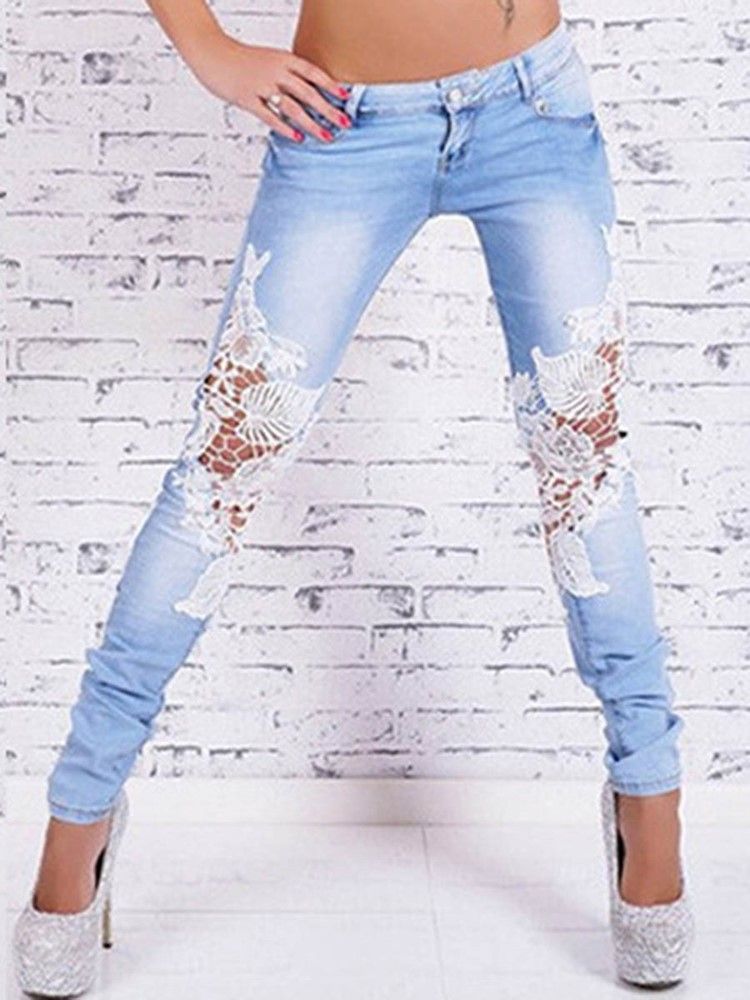 Låg Midjade Patchwork Jeans För Kvinnor