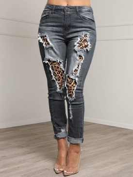 Patchwork Leopard Pencil Byxor Dragkedja Slim Jeans För Kvinnor