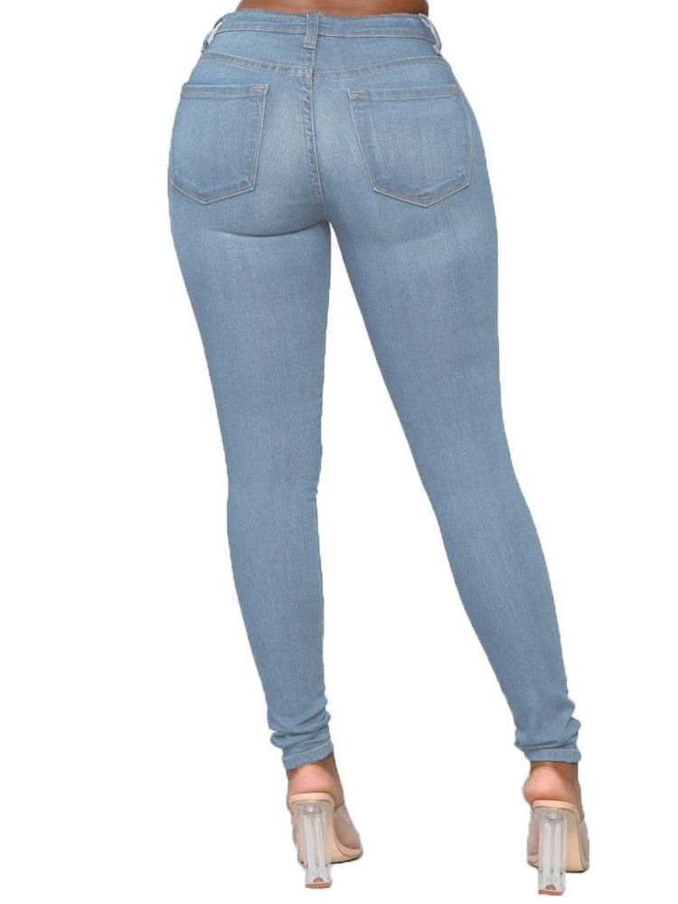 Pencil Byxor Knapp Vanliga Kvinnors Slim Mid Midja Jeans