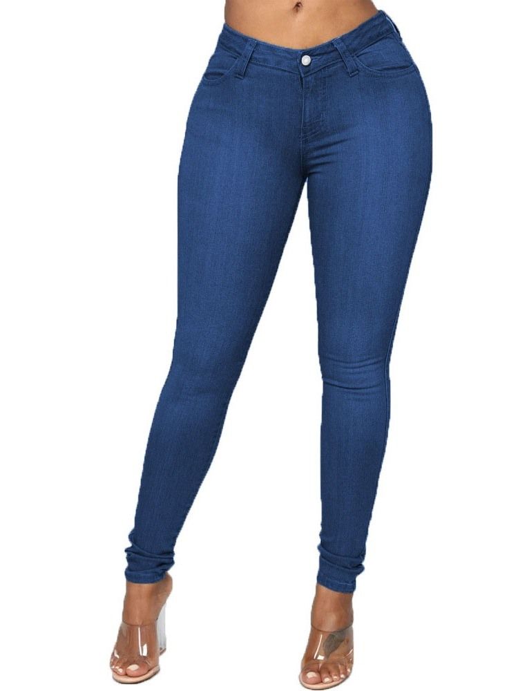 Pencil Byxor Knapp Vanliga Kvinnors Slim Mid Midja Jeans