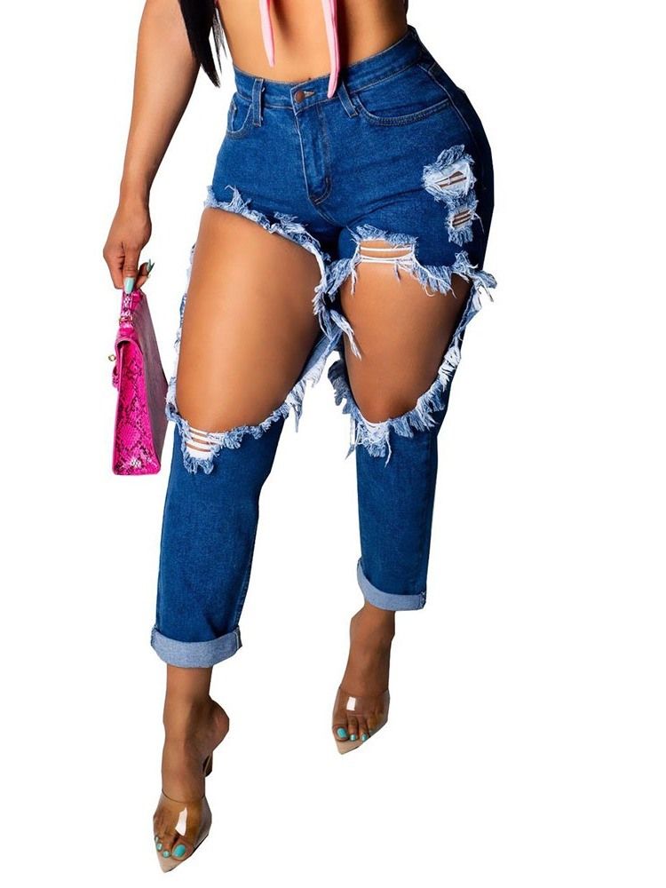 Vanlig Ficka Sexiga Slim Zipper Ripped Jeans