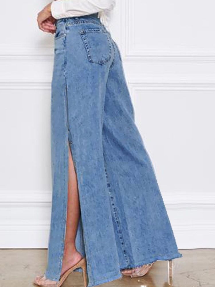 Vanliga Raka Delade Lösa Jeans Med Mid Midja För Kvinnor