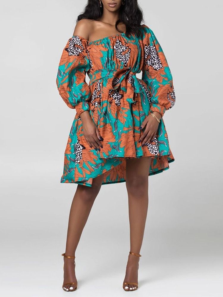 Afrikanskt Mode Snedkrage Lantern Sleeve Above Knee Floral Klänning