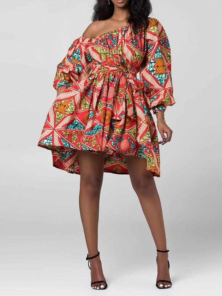 Afrikanskt Mode Snedkrage Lantern Sleeve Above Knee Floral Klänning