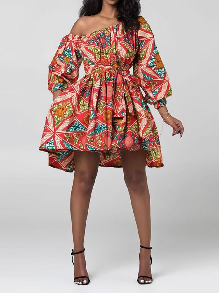 Afrikanskt Mode Snedkrage Lantern Sleeve Above Knee Floral Klänning