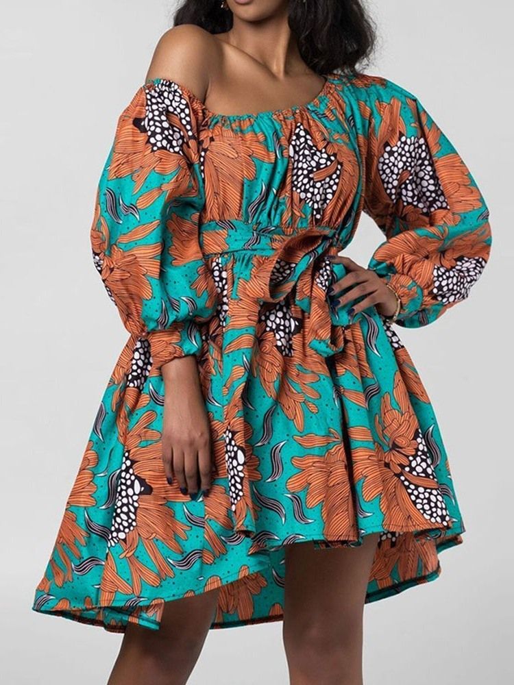 Afrikanskt Mode Snedkrage Lantern Sleeve Above Knee Floral Klänning