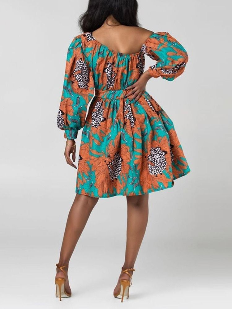 Afrikanskt Mode Snedkrage Lantern Sleeve Above Knee Floral Klänning