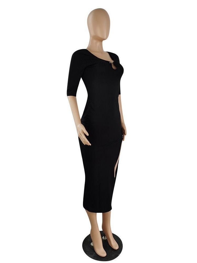 Split Half Sleeve Mid-Calf Plain Bodycon Klänning