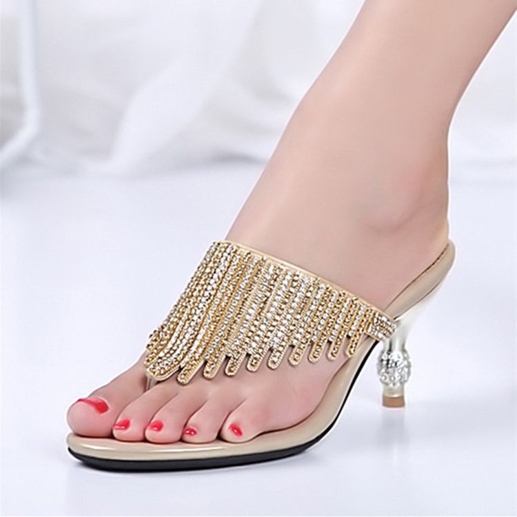 Rhinestone Thong Slip-On Spool Heel Mules Skor