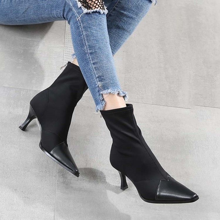 Baksida Zip Stiletto Heel Square Toe Dragkedja Stövlar Boots