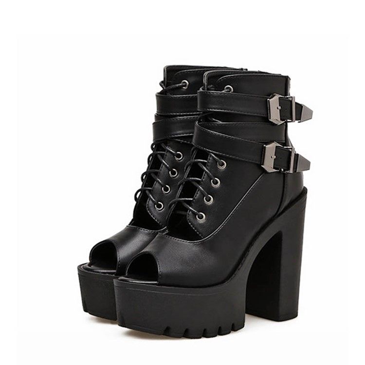 Pu Chunky Heel Peep Toe Dragkedja Dam Ankel Stövlar Boots