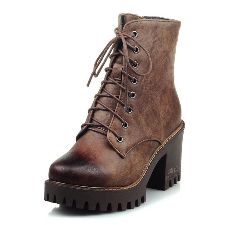 Pu Chunky Heel Rund Toe Dam Ankel Stövlar Boots