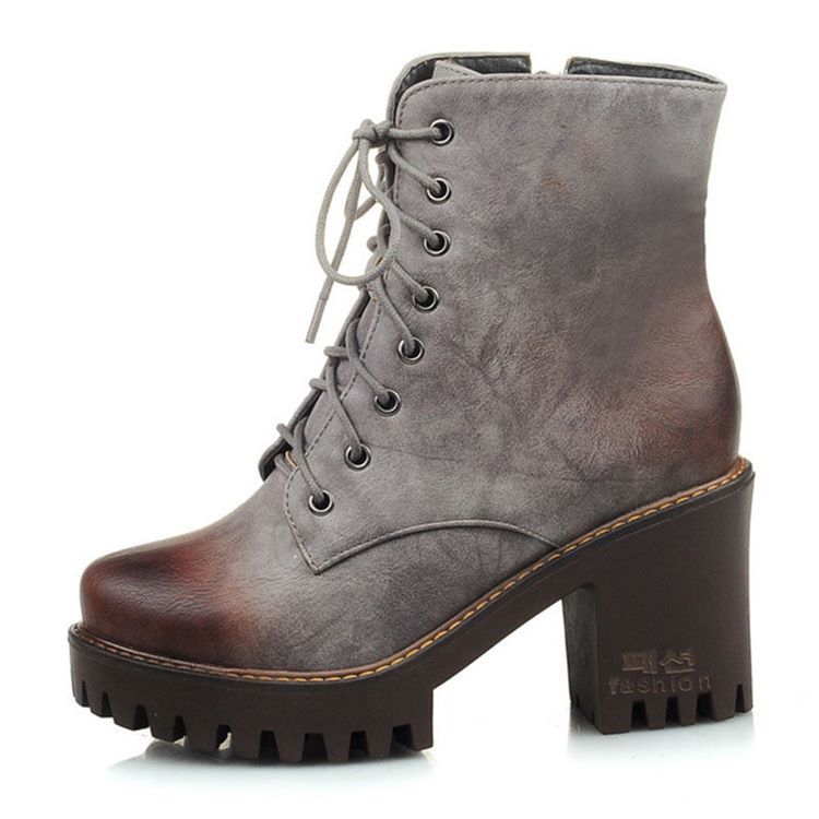 Pu Chunky Heel Rund Toe Dam Ankel Stövlar Boots