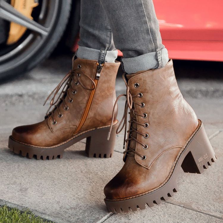 Pu Chunky Heel Rund Toe Dam Ankel Stövlar Boots