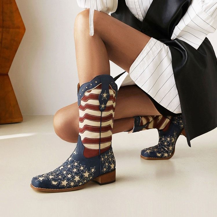 Square Toe Color Block Slip-On Flag Stövlar Boots