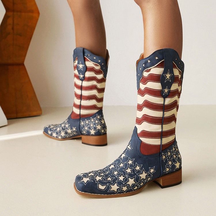 Square Toe Color Block Slip-On Flag Stövlar Boots